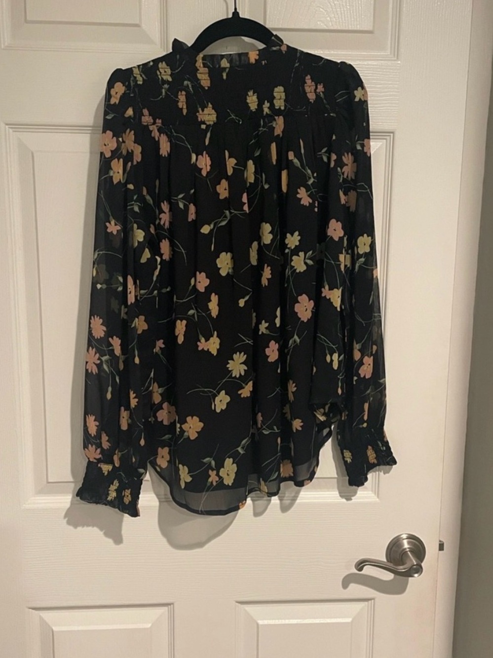Bila Black Floral Smocked-Neck Long Sleeve Blouse